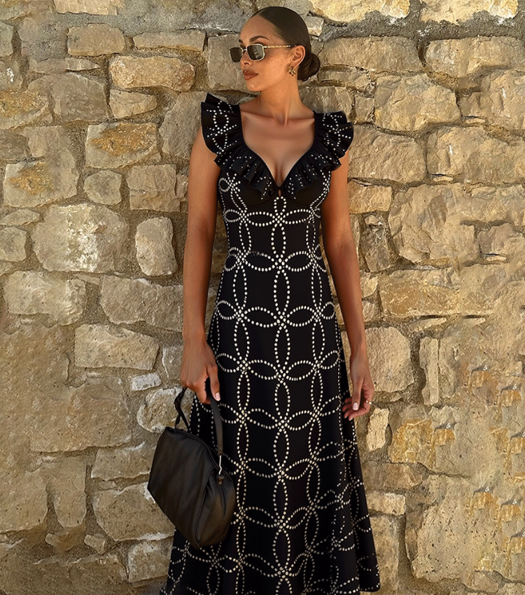 Underwired Black Ruffle Laser Cutting Flower One Piece Swimsuit and Skirt