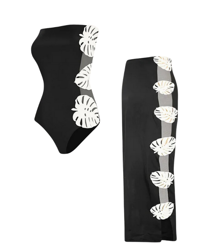 Bandeau Side Cutout  Black One Piece Swimsuit and Skirt Flaxmaker