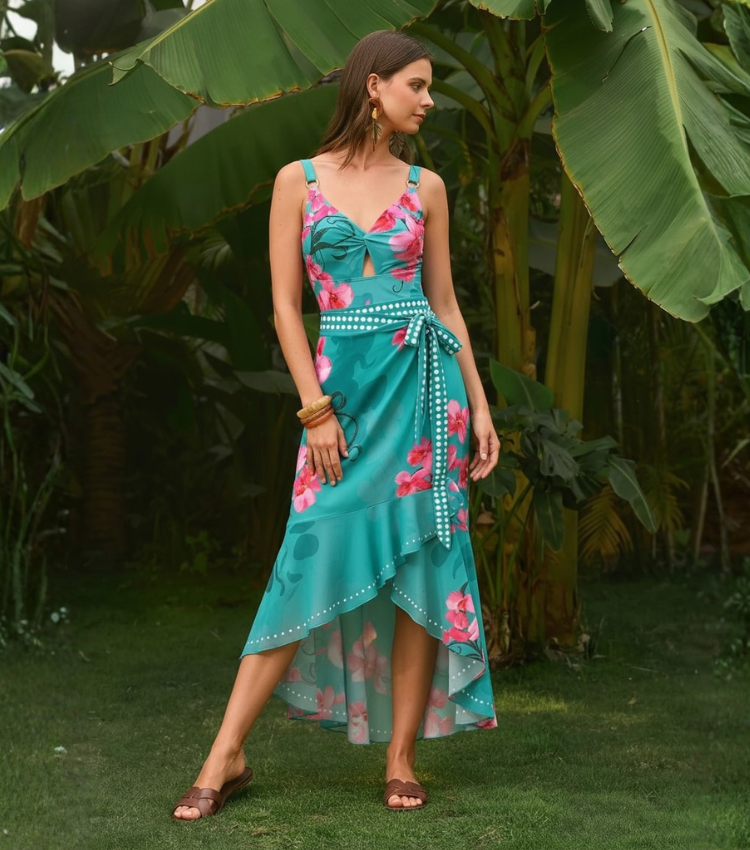 V Neck Turquoise & Hot Pink Orchid Floral  Flower Print Swimsuit Set(s)