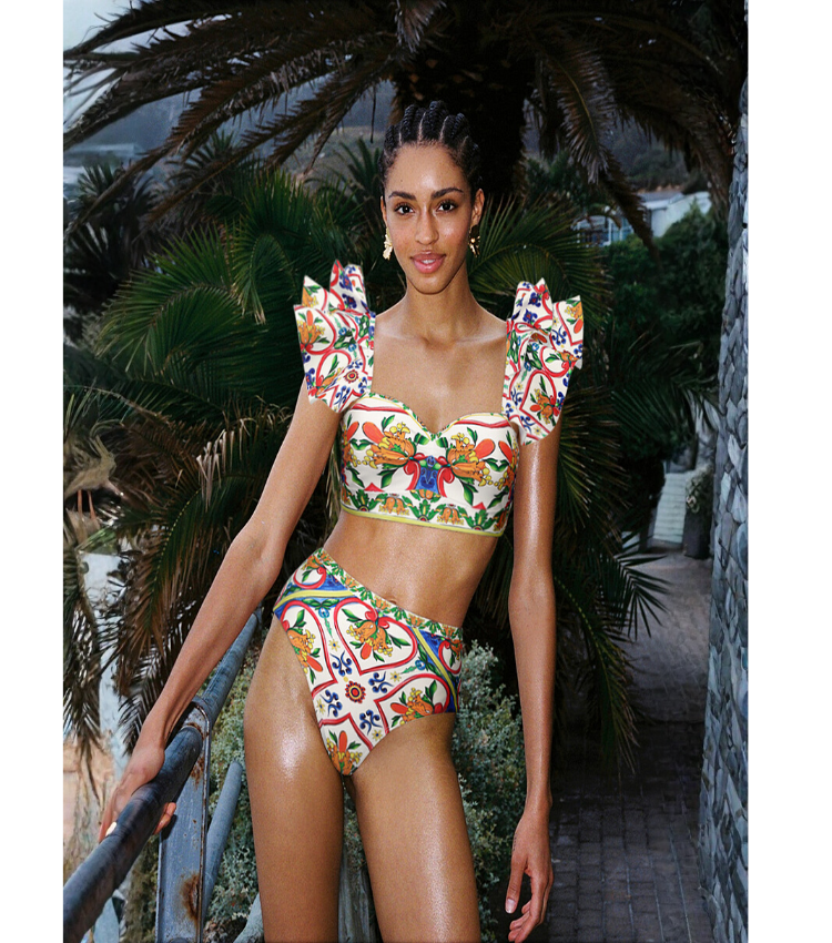Ruffle Sleeves  Paisley-print  Bikini Swimsuit and Sarong
