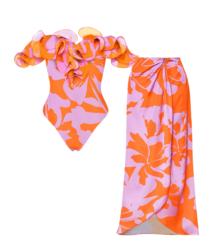 Off Shoulder Ruffled Printed One Piece Swimsuit and Skirt Flaxmaker