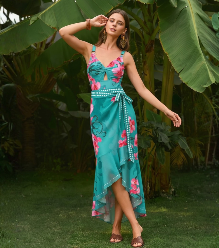 V Neck Turquoise & Hot Pink Orchid Floral  Flower Print Swimsuit Set(s)