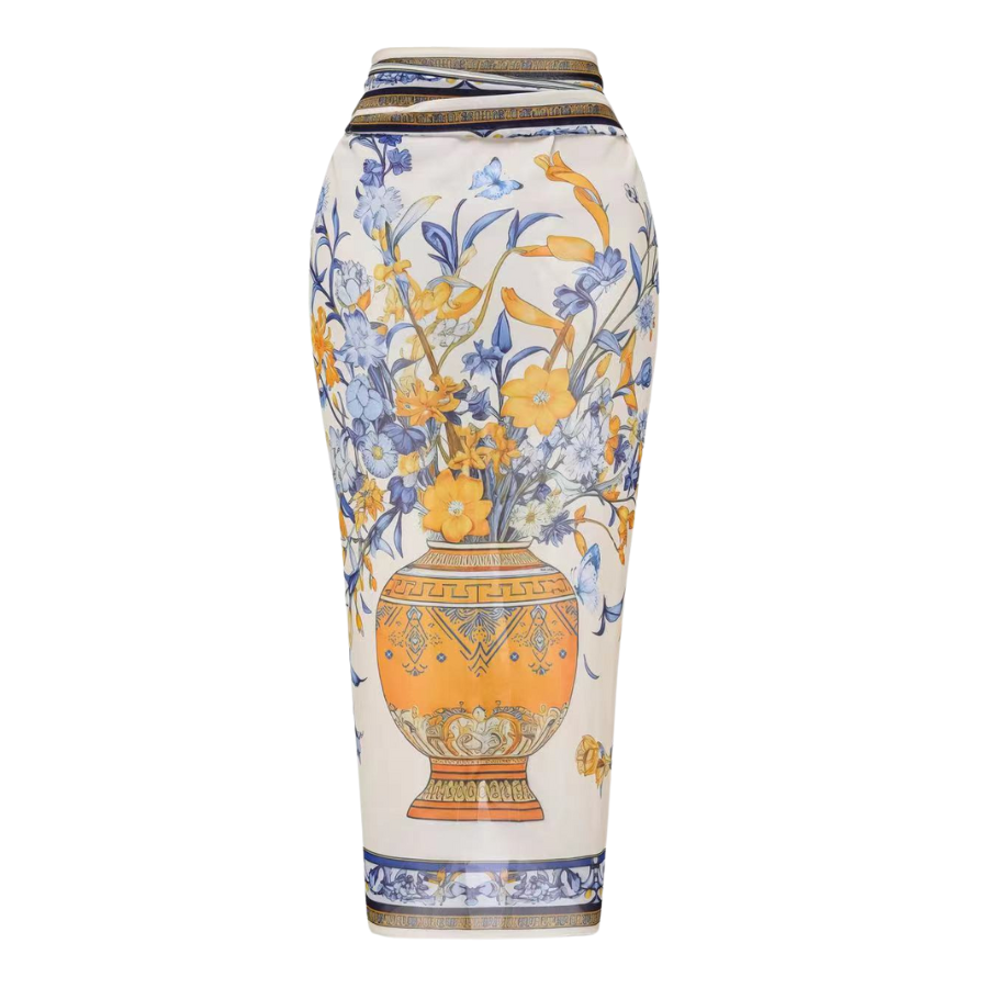 Porcelain Print Leather Straps One Piece Swimsuit and Sarong