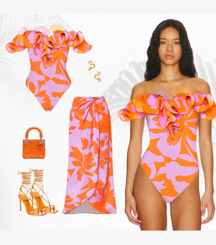 Off Shoulder Ruffled Printed One Piece Swimsuit and Skirt Flaxmaker