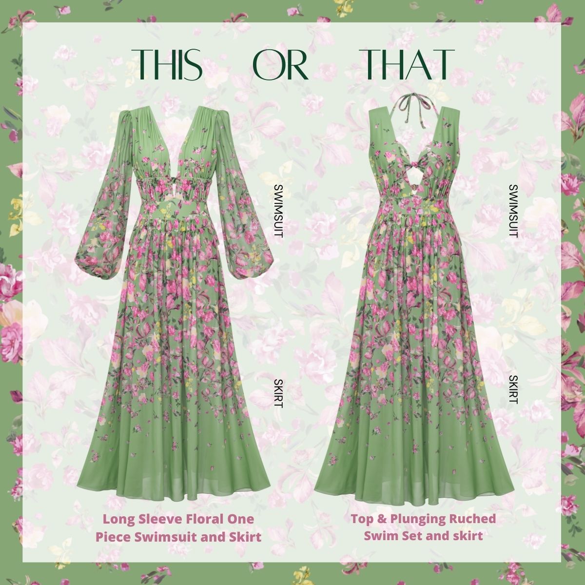 Long Sleeve Floral One Piece Swimsuit and Skirt