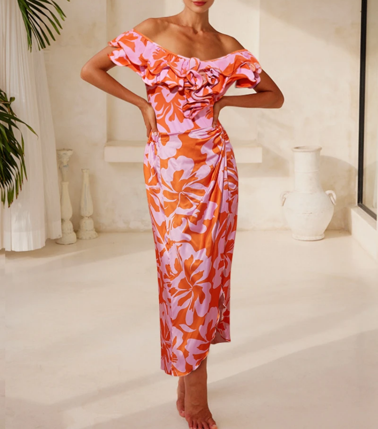 Off Shoulder Ruffled Printed One Piece Swimsuit and Skirt Flaxmaker