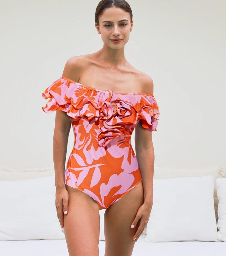 Off Shoulder Ruffled Printed One Piece Swimsuit and Skirt Flaxmaker
