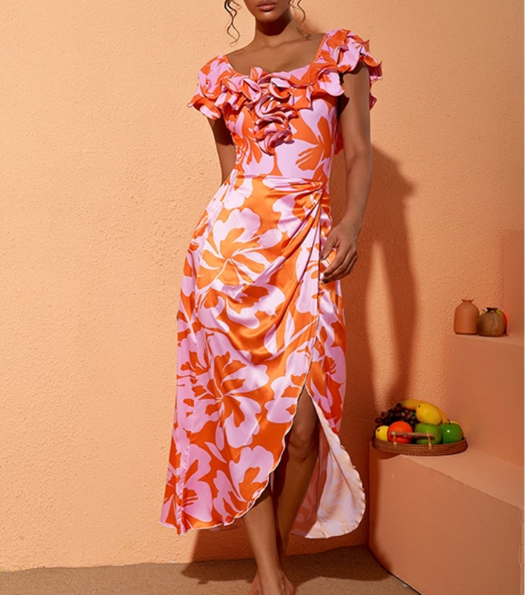 Off Shoulder Ruffled Printed One Piece Swimsuit and Skirt Flaxmaker