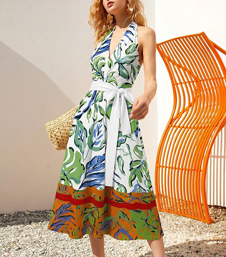 Printed Backless Wrap  Dress