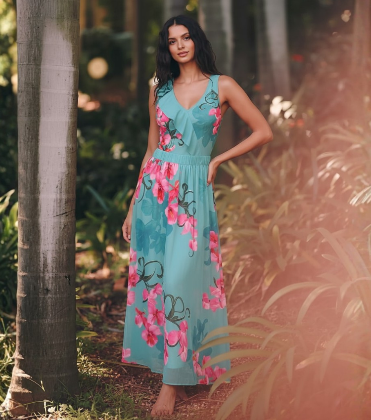Turquoise & Hot Pink Orchid Ruffle Halter Floral Swimsuit Set(s)