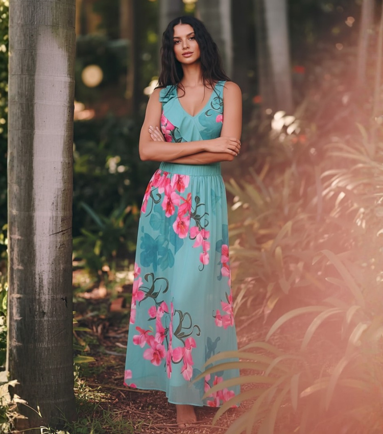 Turquoise & Hot Pink Orchid Ruffle Halter Floral Swimsuit Set(s)
