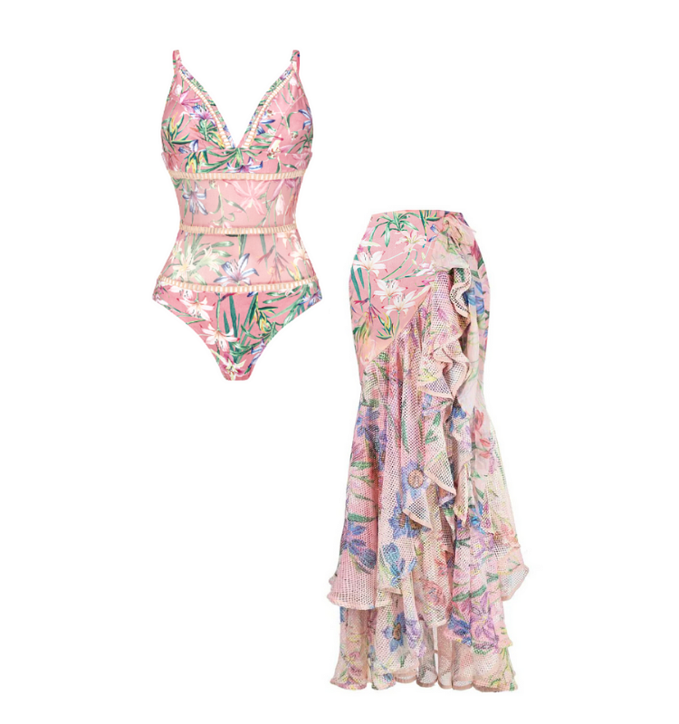 V Neck Floral Print One Piece Swimsuit and Mesh Splicing Skirt Flaxmaker
