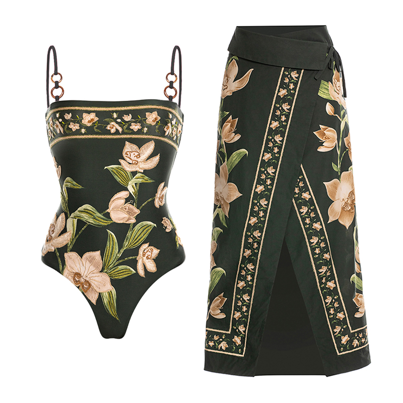 Flower Printed One Piece Swimsuit and Sarong