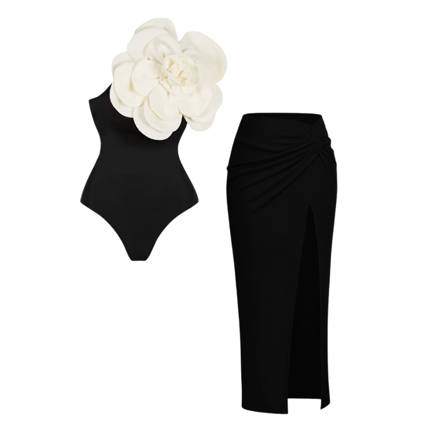 3D Flower One Shoulder One Piece Swimsuit and Skirt Flaxmaker
