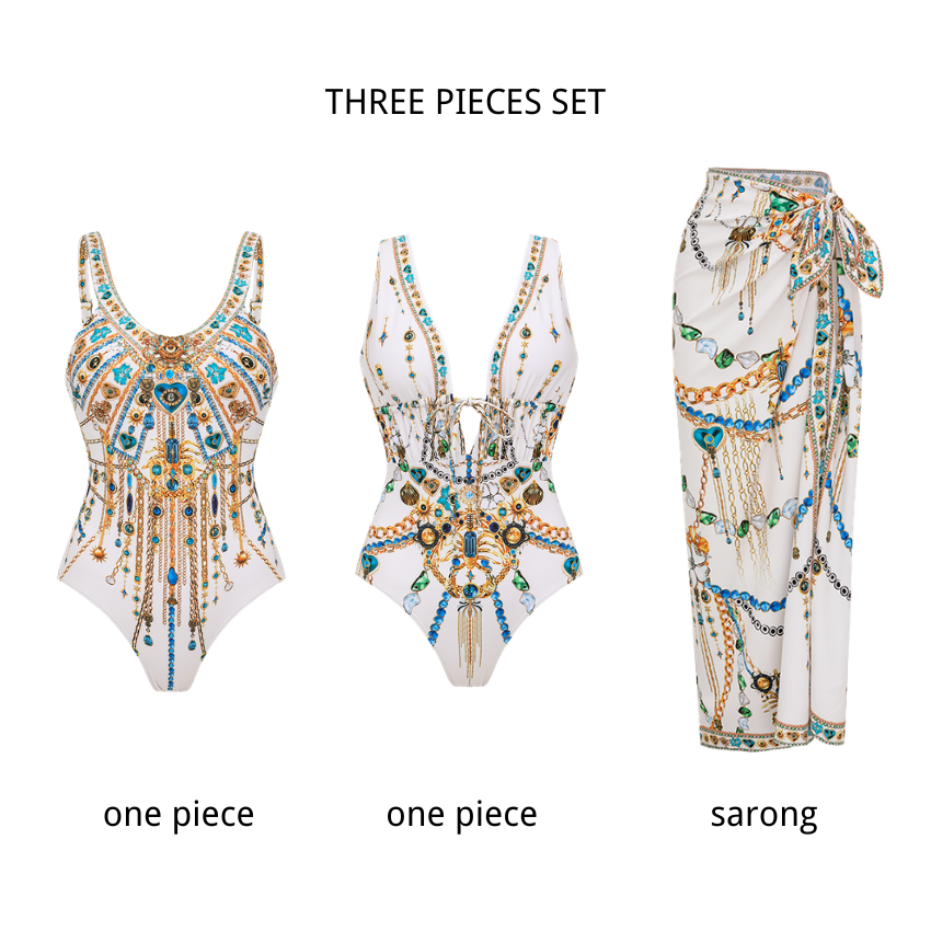 Drawstring Celestial Chains Print Swimsuit Set(s)