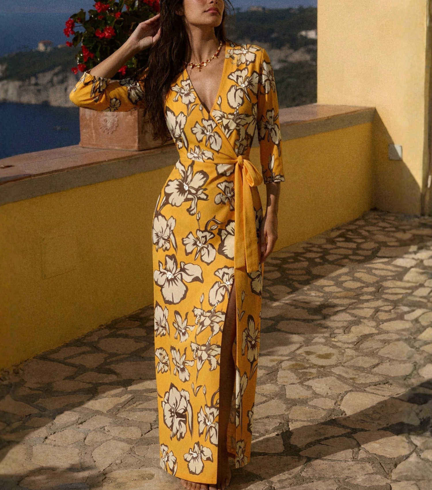 Yellow Floral Wrap Midi Dress