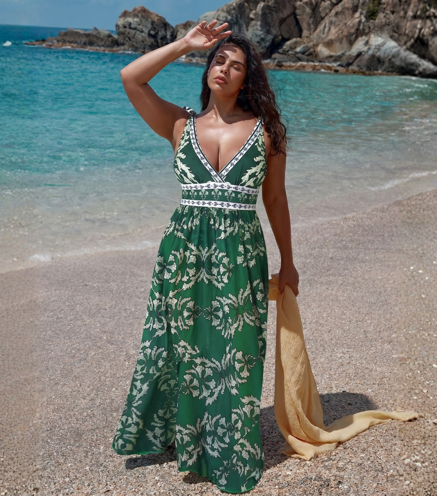 Plus Size V Neck Lace Up Printed One Piece Swimsuit and Skirt