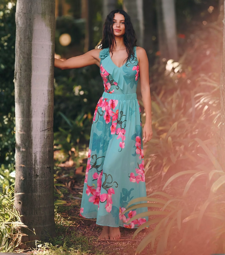 Turquoise & Hot Pink Orchid Ruffle Halter Floral Swimsuit Set(s)