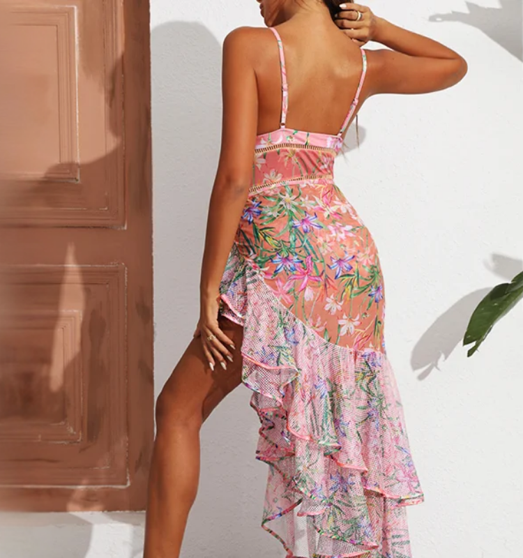 V Neck Floral Print One Piece Swimsuit and Mesh Splicing Skirt Flaxmaker