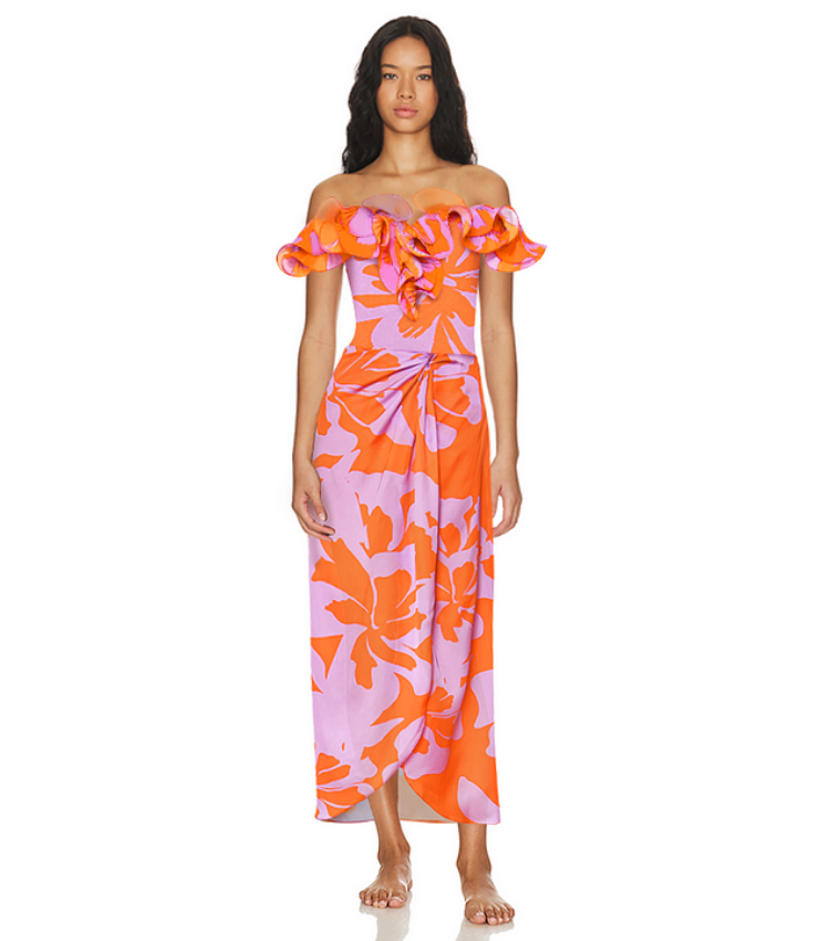 Off Shoulder Ruffled Printed One Piece Swimsuit and Skirt Flaxmaker