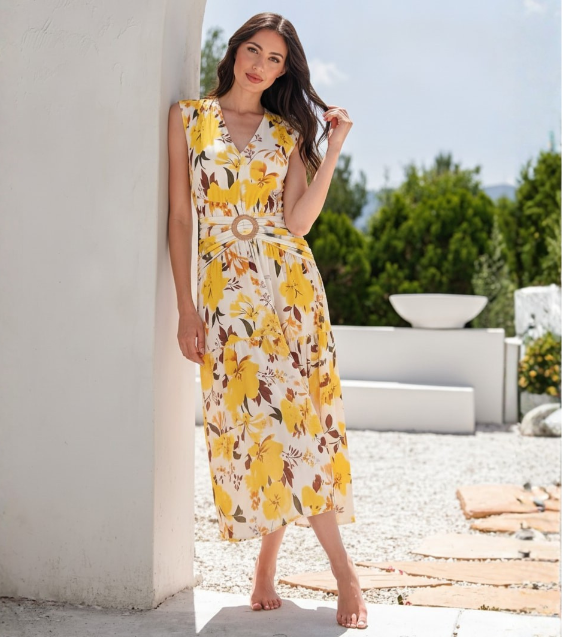 Yellow Floral O-Ring Waist Maxi Dress
