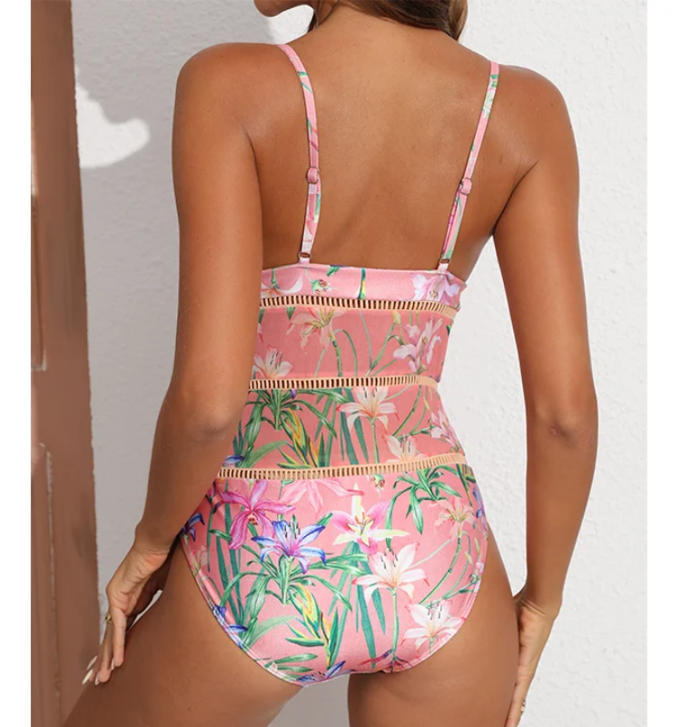 V Neck Floral Print One Piece Swimsuit and Mesh Splicing Skirt Flaxmaker