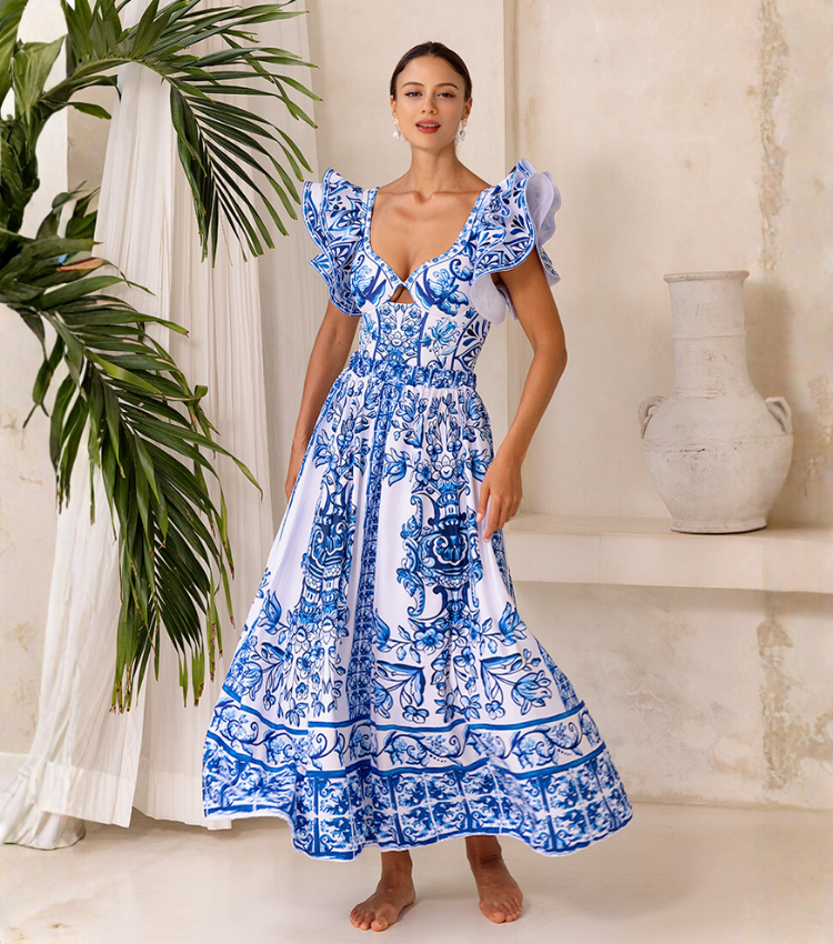Ruffle Blue and White Porcelain Pattern Majolica Print One Piece Swimsuit and Skirt or Sarong
