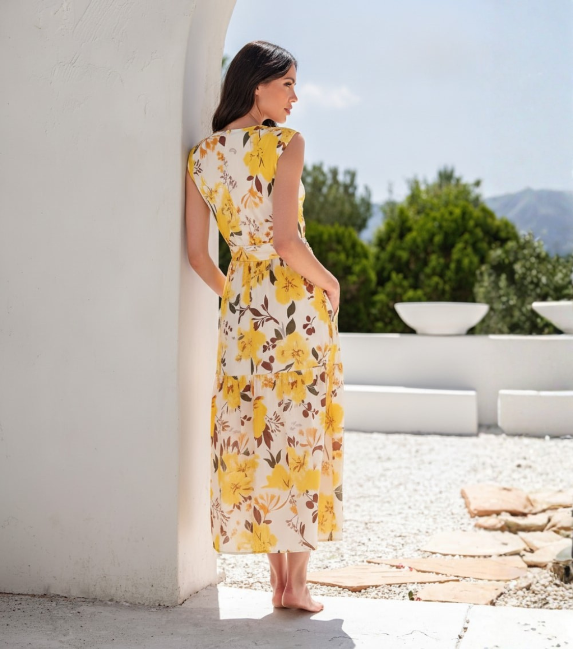 Yellow Floral O-Ring Waist Maxi Dress