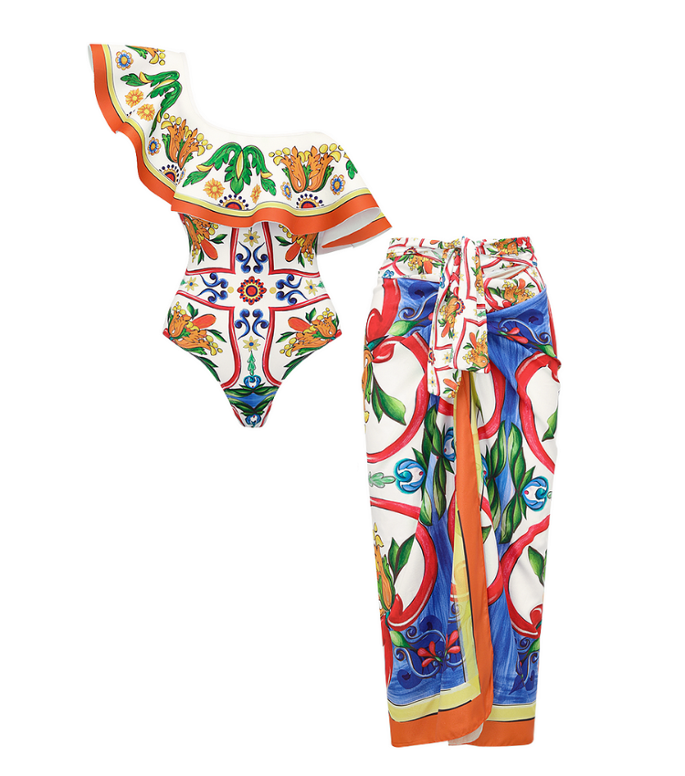 One Shoulder Ruffle Paisley-print One Piece Swimsuit and Sarong or Pants