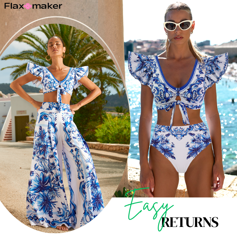 Ruffle V Neck Blue Majolica Print High Waist Bikini Swimsuit and Skirt or Pants