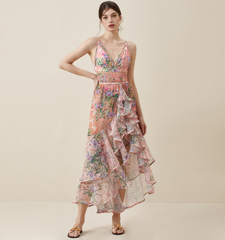 V Neck Floral Print One Piece Swimsuit and Mesh Splicing Skirt Flaxmaker