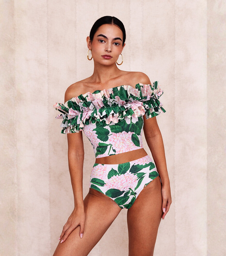 Bandeau Ruffle Floral Print Bikini Swimsuit and Skirt Flaxmaker