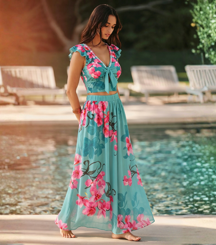 Turquoise & Hot Pink Orchid Floral Print Two-Piece Swimsuit Set(s)