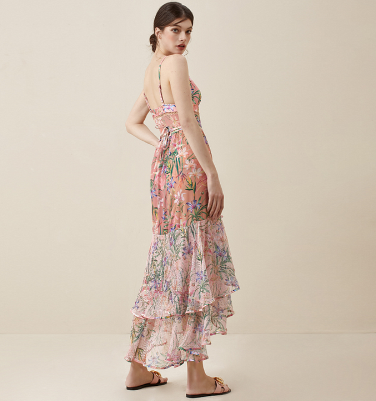 V Neck Floral Print One Piece Swimsuit and Mesh Splicing Skirt Flaxmaker