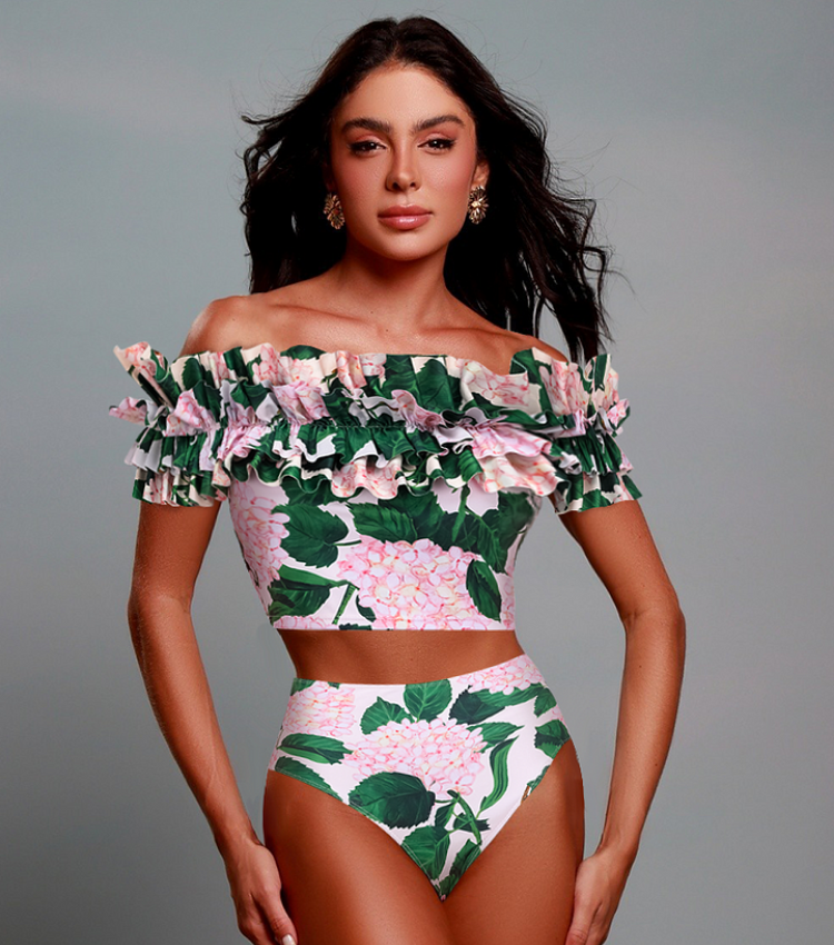 Bandeau Ruffle Floral Print Bikini Swimsuit and Skirt Flaxmaker