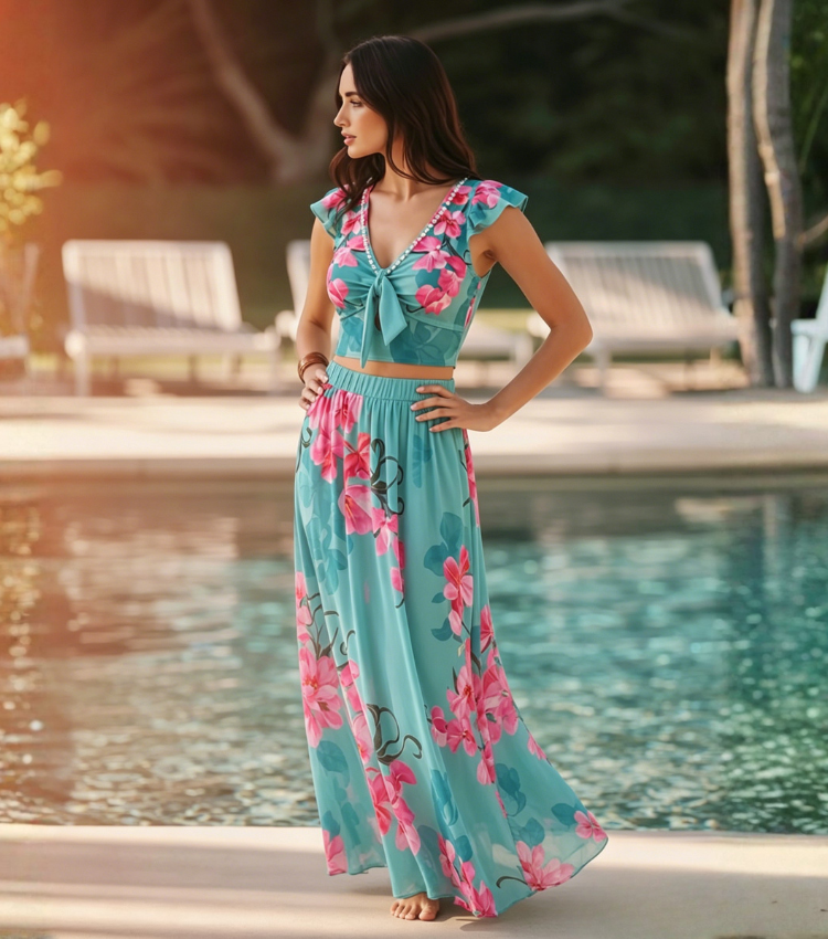 Turquoise & Hot Pink Orchid Floral Print Two-Piece Swimsuit Set(s)