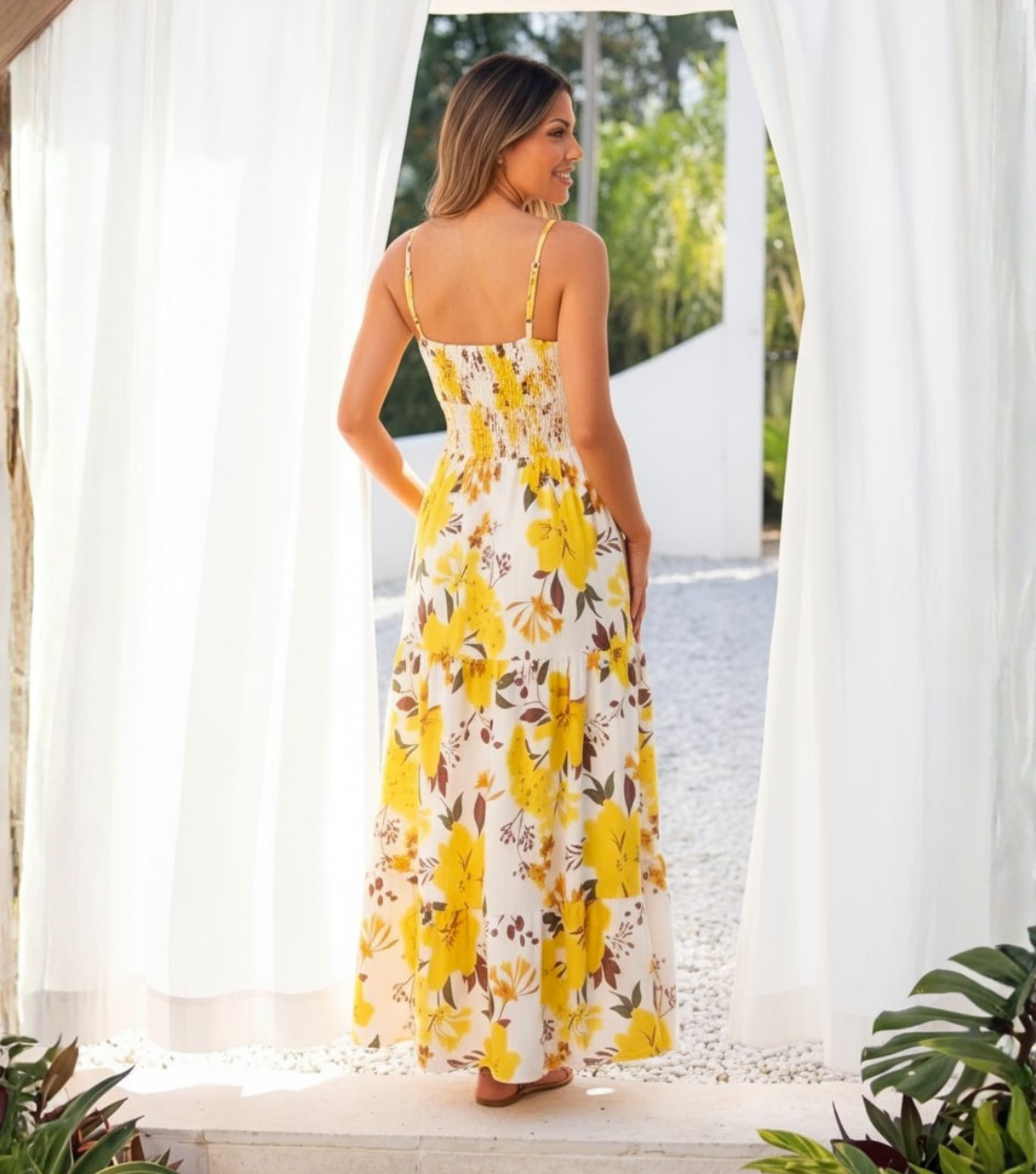 Yellow Floral Tie Front Spaghetti Strap Maxi Dress