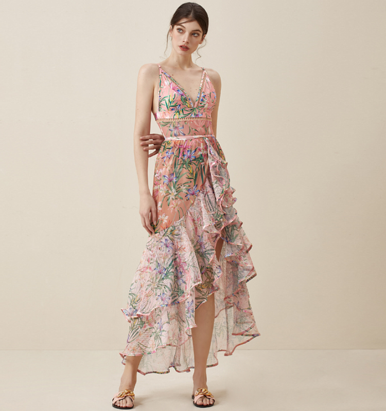 V Neck Floral Print One Piece Swimsuit and Mesh Splicing Skirt Flaxmaker