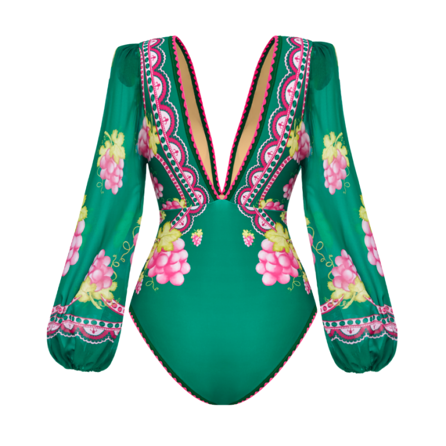 Long-sleeved Retro Green Grapes Print One Piece Swimsuit and Skirt