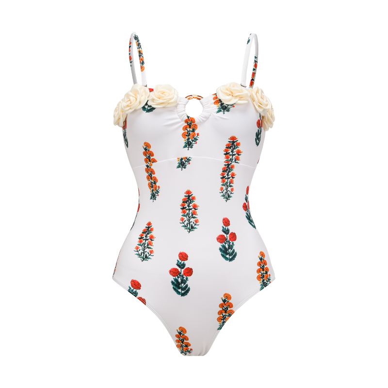 Flaxmaker Flower decor Printed One Piece Swimsuit and Sarong