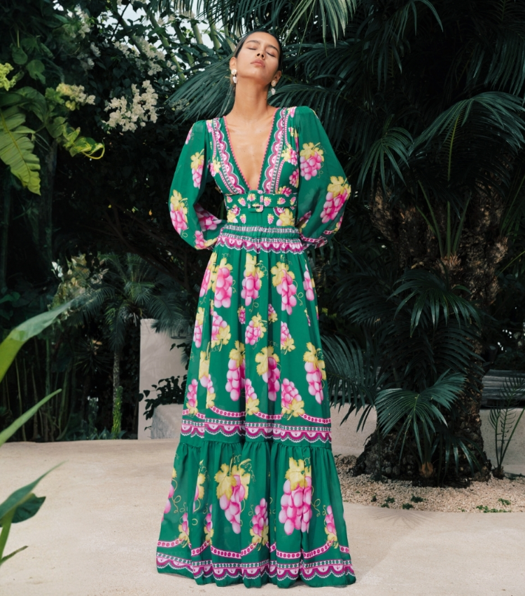 Long-sleeved Retro Green Grapes Print One Piece Swimsuit and Skirt