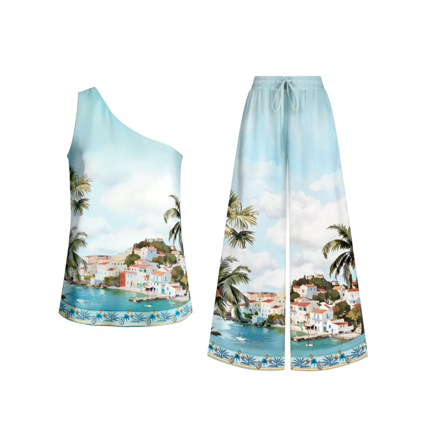 Coastal Town Print One-Shoulder Pant Set