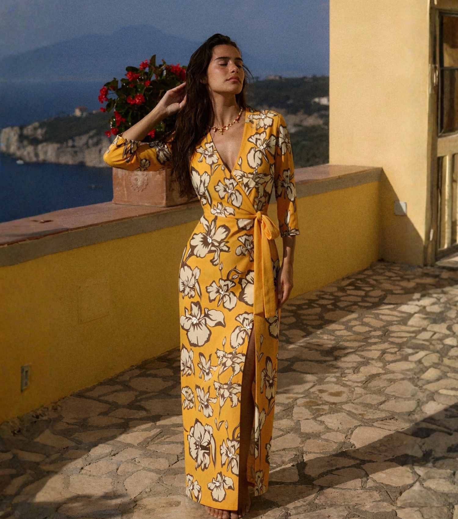 Yellow Floral Wrap Midi Dress
