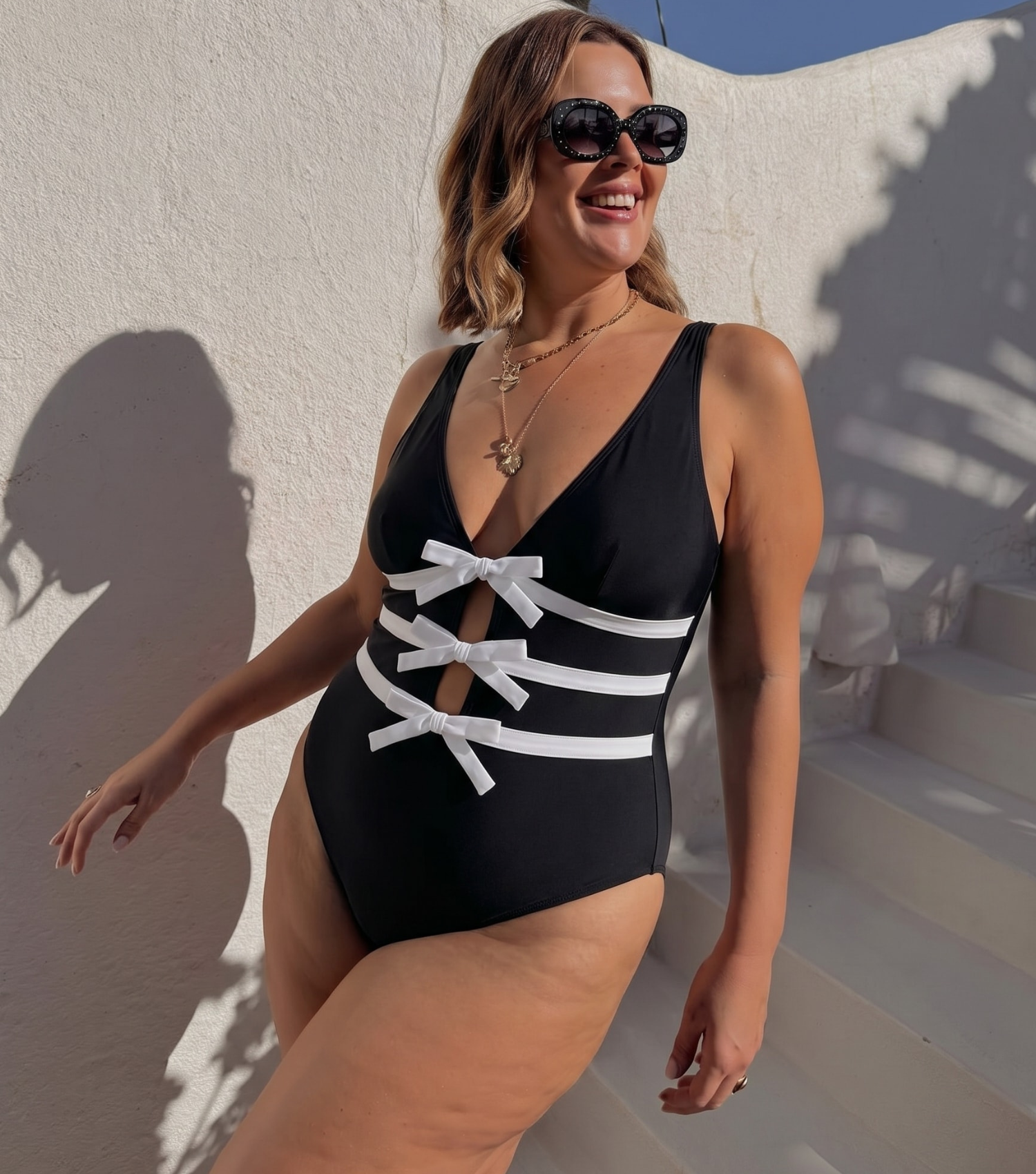 Plus Size Bowknot Decor Black One Piece Swimsuit and Skirt