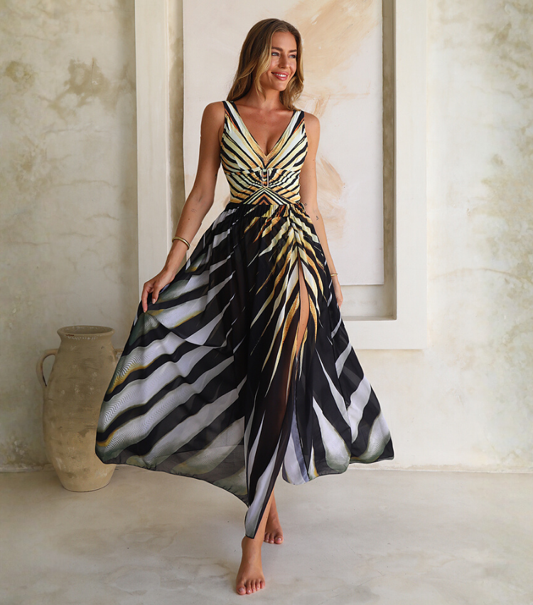 V-neck Tiger Stripe Print One Piece Swimsuit and Skirt