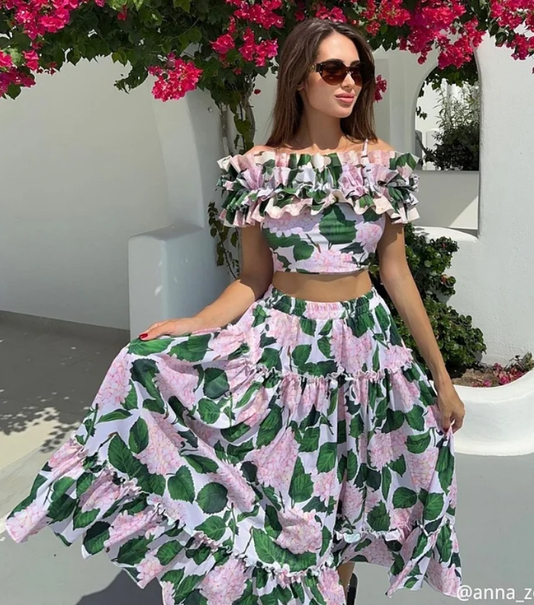 Bandeau Ruffle Floral Print Bikini Swimsuit and Skirt Flaxmaker