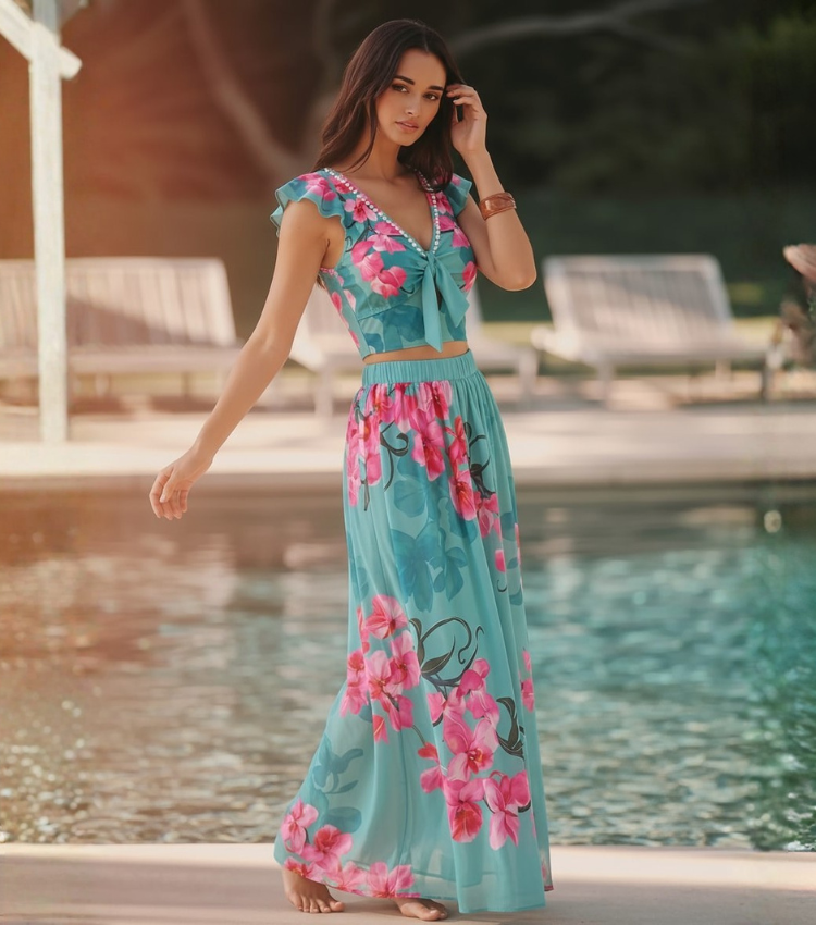 Turquoise & Hot Pink Orchid Floral Print Two-Piece Swimsuit Set(s)