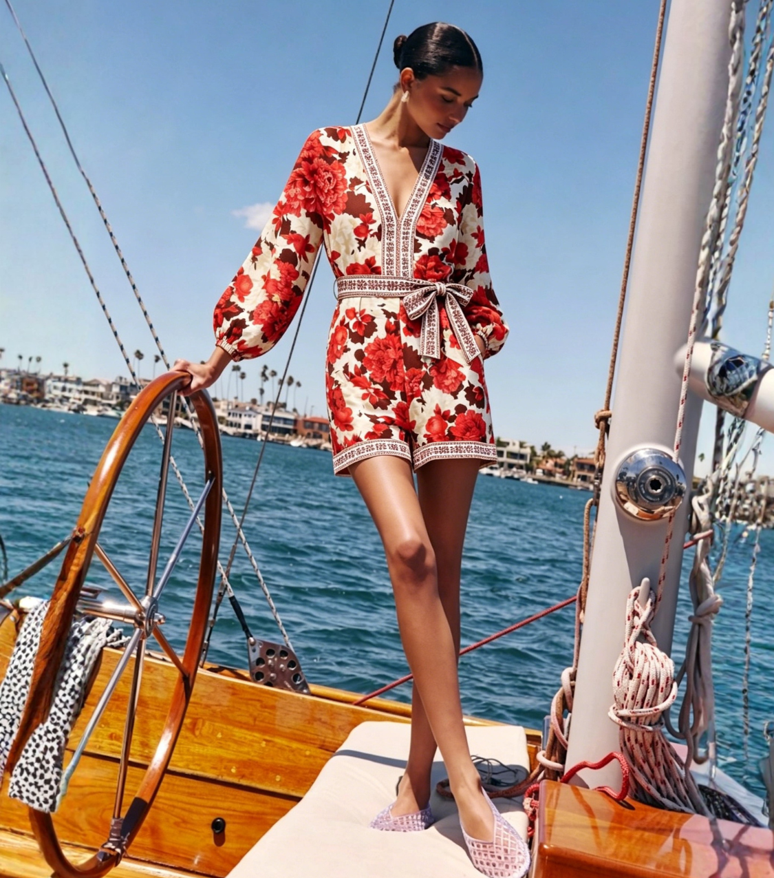 Red Floral Trim Detail Balloon Sleeve Romper