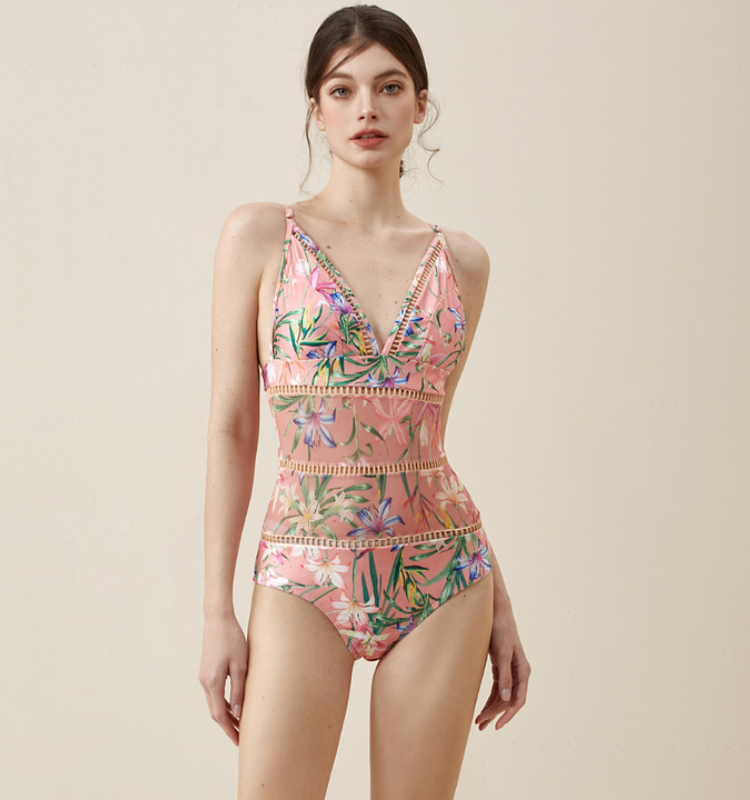 V Neck Floral Print One Piece Swimsuit and Mesh Splicing Skirt Flaxmaker