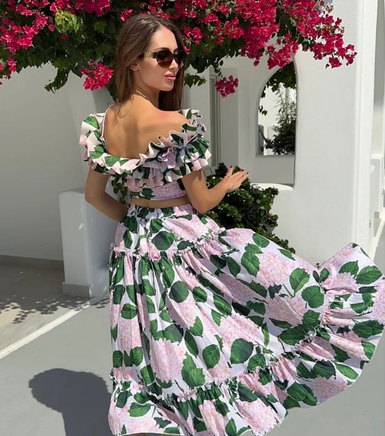 Bandeau Ruffle Floral Print Bikini Swimsuit and Skirt Flaxmaker